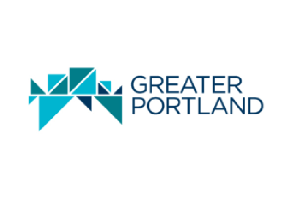 Logo with geometric teal shapes forming a structure on the left, accompanied by the text "Greater Portland" in blue on the right.