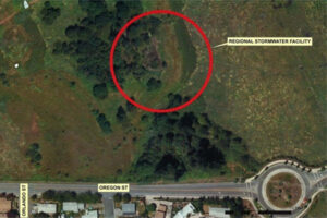 Aerial view of a grassy area with a regional stormwater facility circled in red. Nearby are labeled streets: Orlando St and Oregon St, leading to a roundabout.