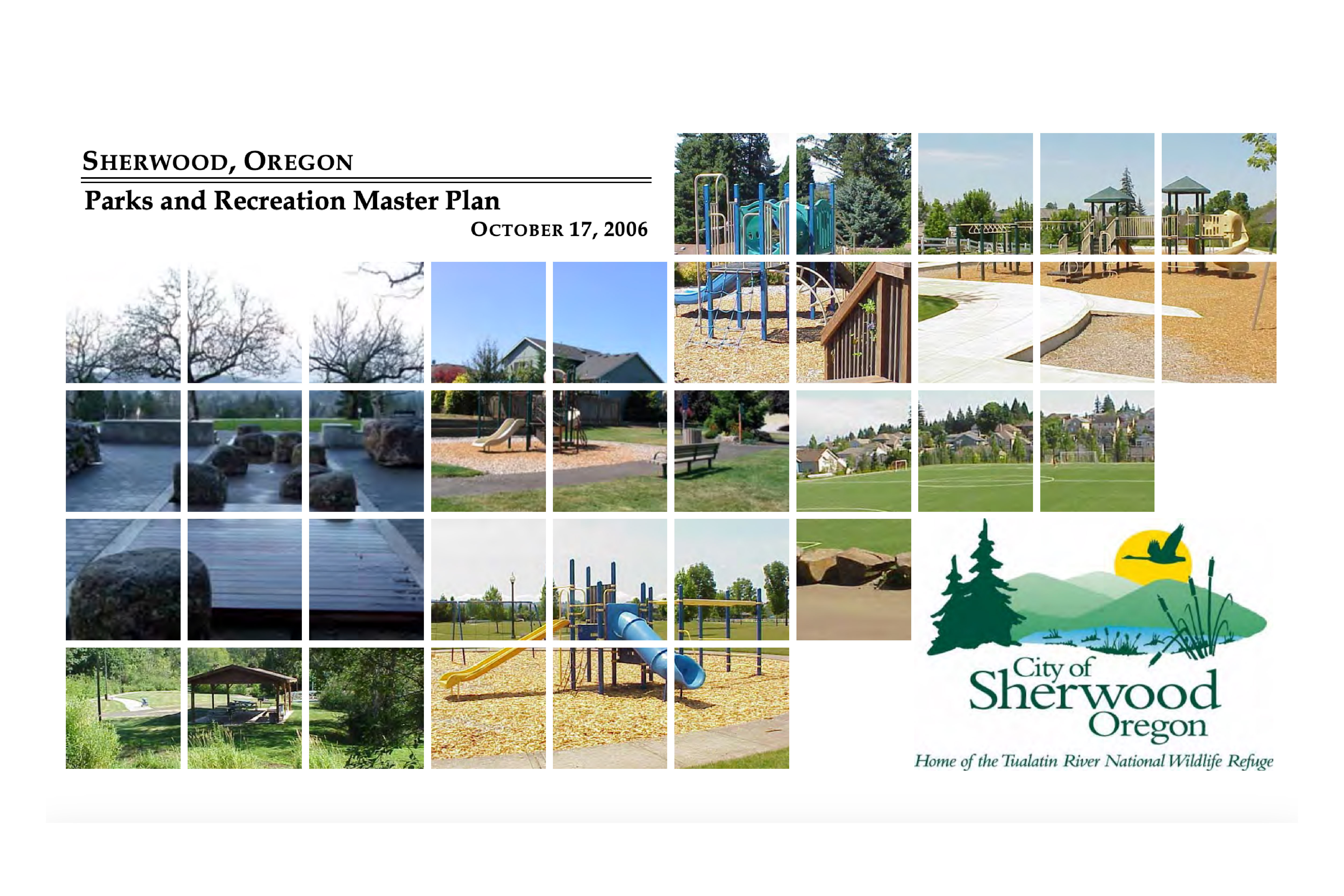 Collage of Sherwood, Oregon park images, including playgrounds, green spaces, and trails, with 