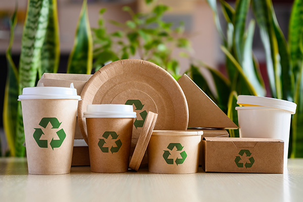 Various eco-friendly food containers made of brown cardboard, featuring recycling symbols, are displayed on a table with green plants in the background.