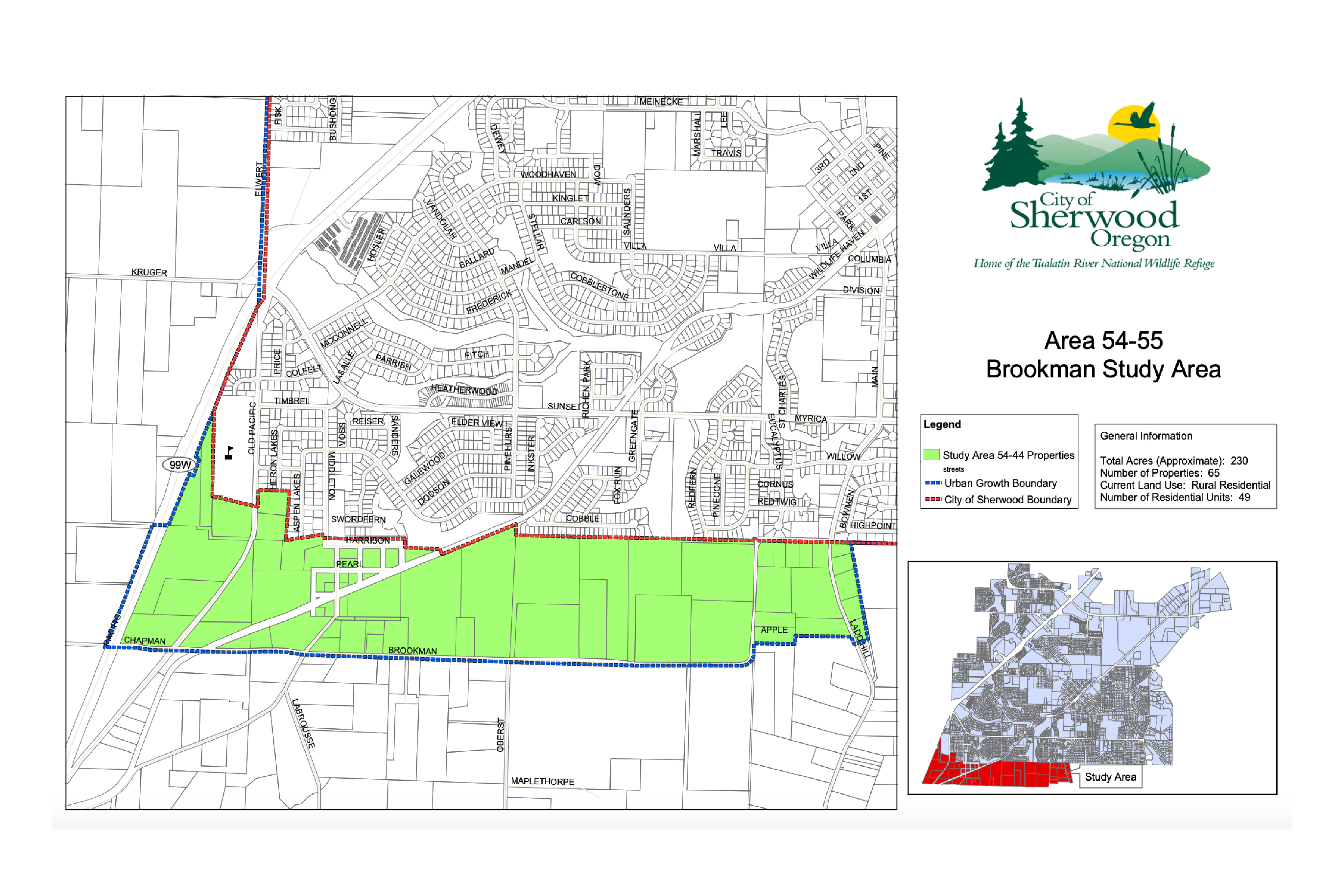 Map of Sherwood, Oregon highlighting the Area 54-55 Brookman Study Area in green, with city and urban growth boundaries indicated by colored lines.