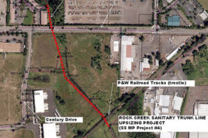 Aerial view of Rock Creek Sanitary Trunk Line Upsizing Project with red dotted line marking the path. Labels include P&W Railroad Tracks and Century Drive, amid industrial buildings.