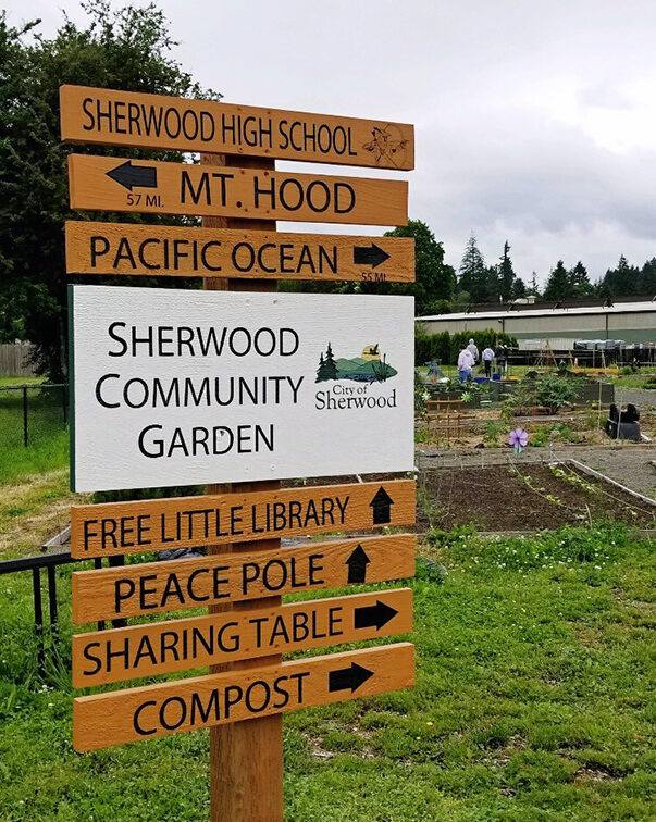 Wooden signs indicate directions to Sherwood High School, Pacific Ocean, Community Garden, Free Library, Peace Pole, Sharing Table, and Compost area. Background shows a garden and people.