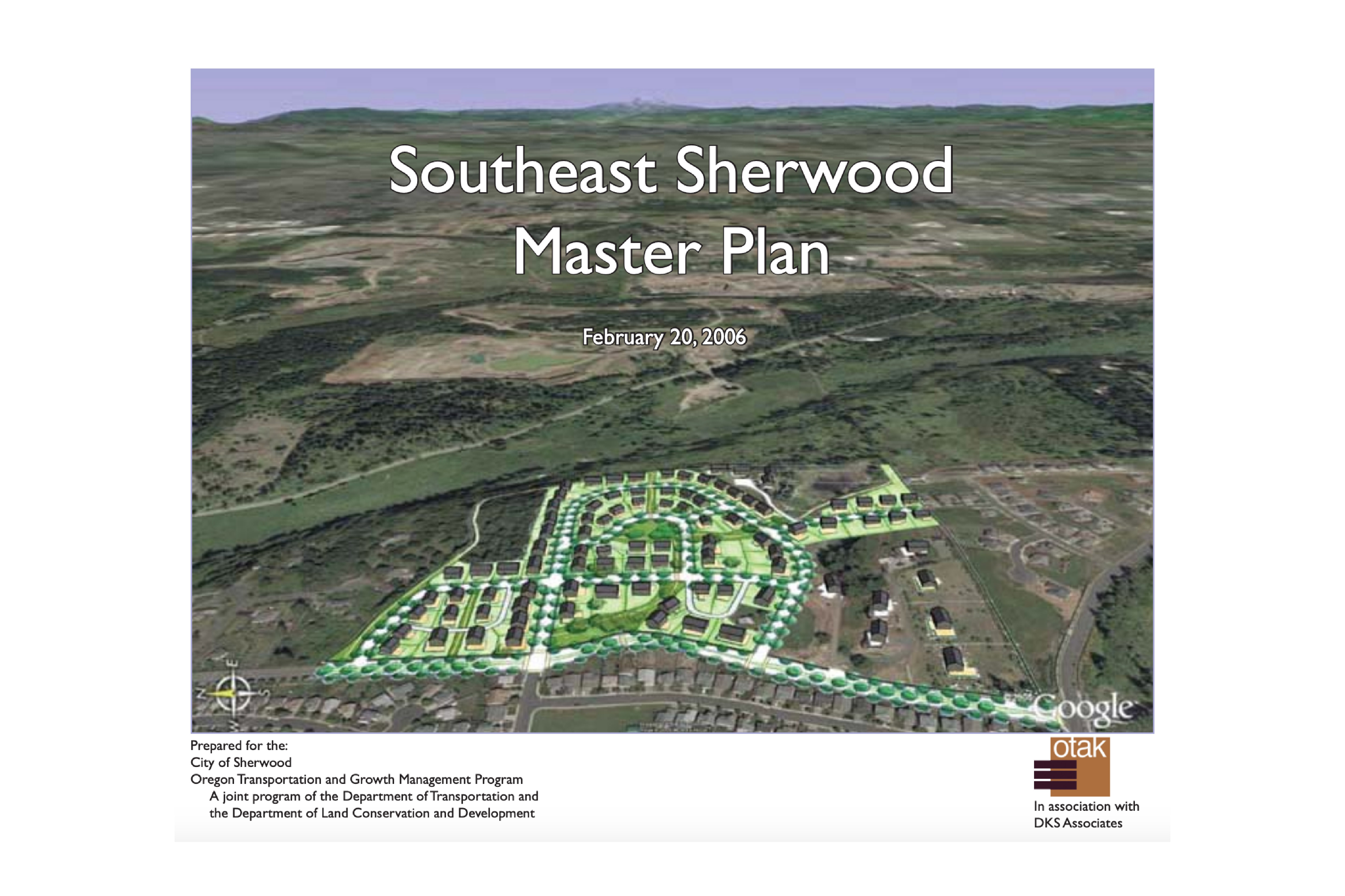 Aerial rendering of the Southeast Sherwood Master Plan, dated February 20, 2006, showing proposed buildings and roads overlaid on a landscape background.