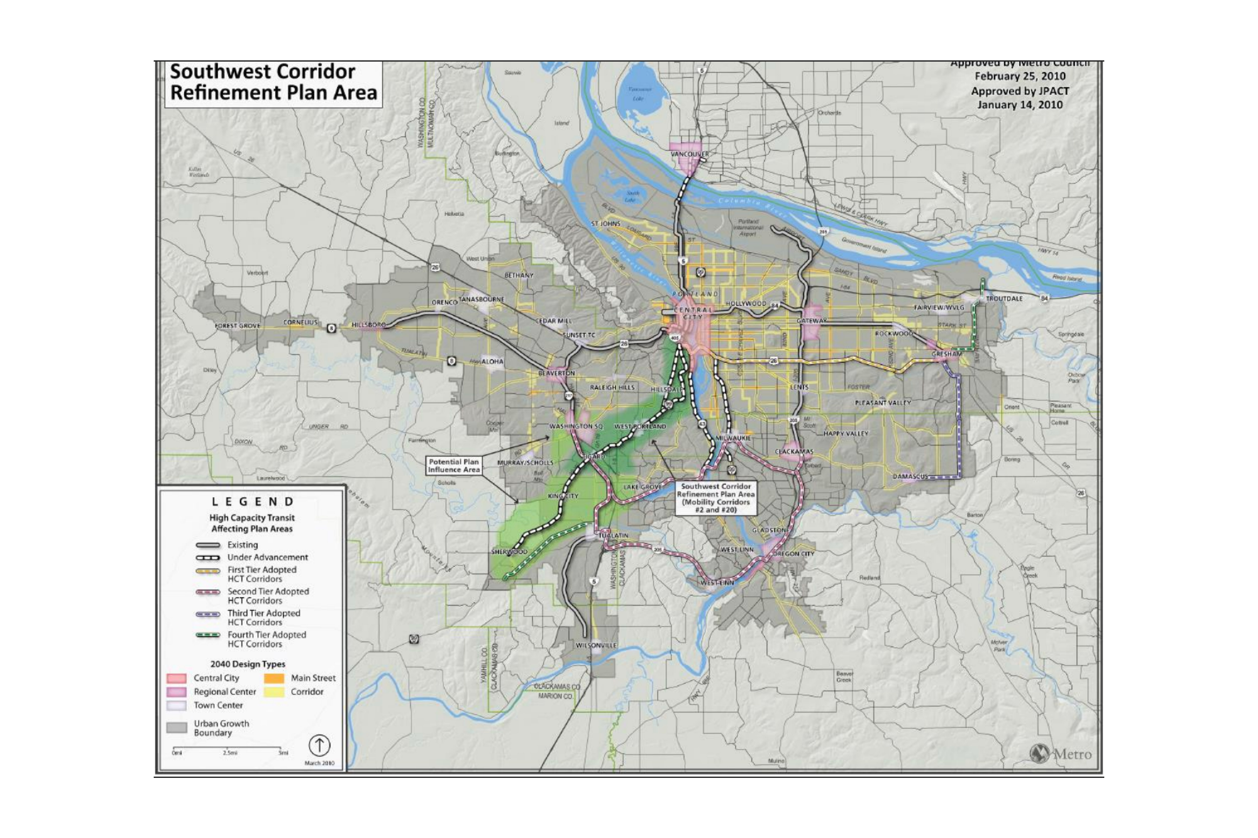 Map showing the Southwest Corridor Refinement Plan Area in Portland, Oregon, with proposed and existing transit routes highlighted and a legend explaining route statuses.