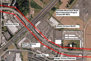 Aerial view of Tualatin-Sherwood Road Reconstruction Project area, highlighting Borchers Drive, Adams Avenue North, State Highway (Hwy99W), and Langer Farms Parkway.