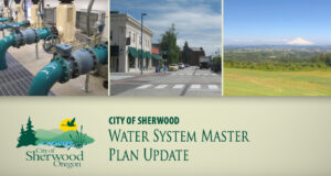 Collage showing water system pipes, a downtown street, and a scenic landscape with Mount Hood; text reads 
