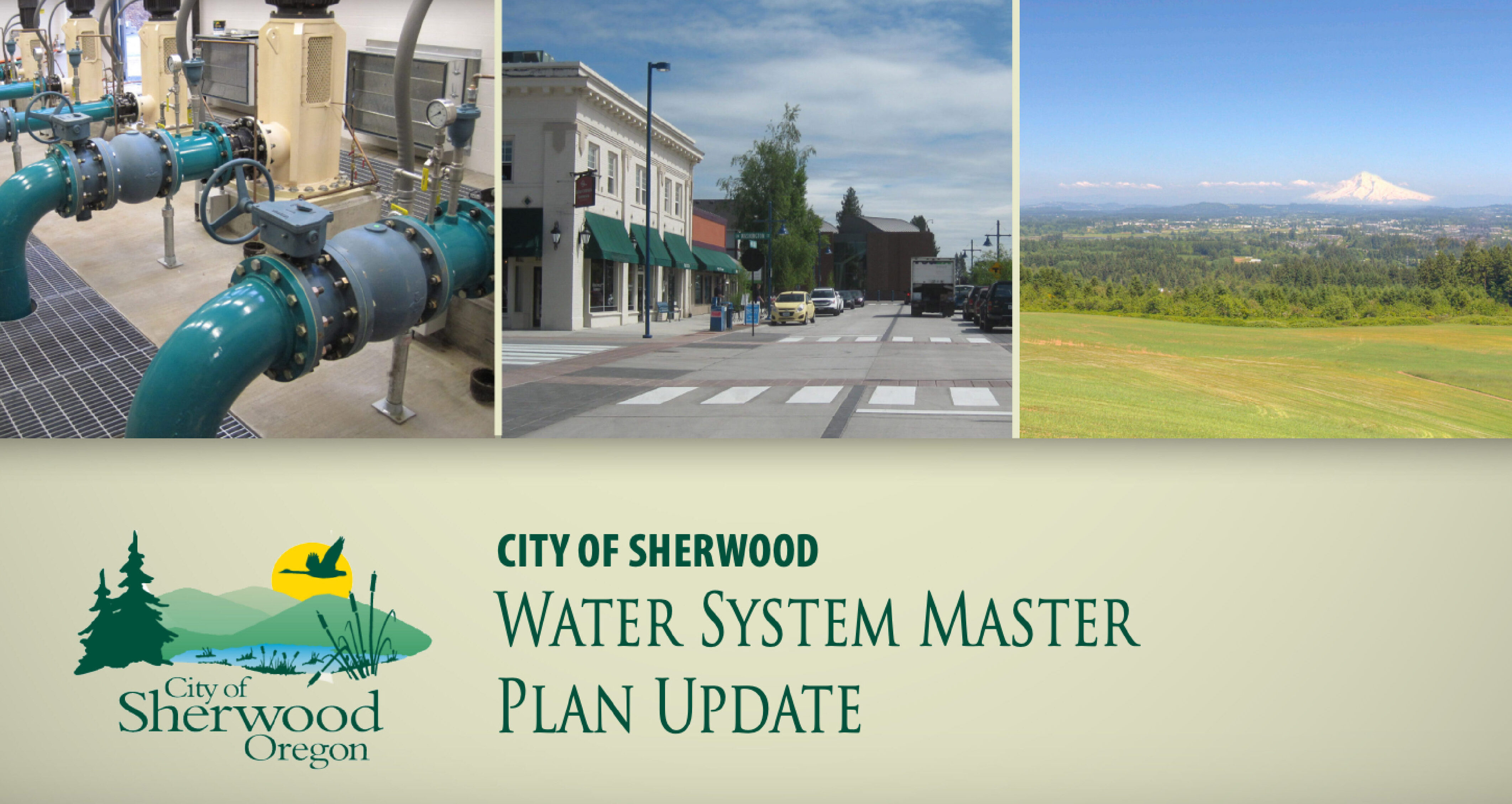 Collage showing water system pipes, a downtown street, and a scenic landscape with Mount Hood; text reads 