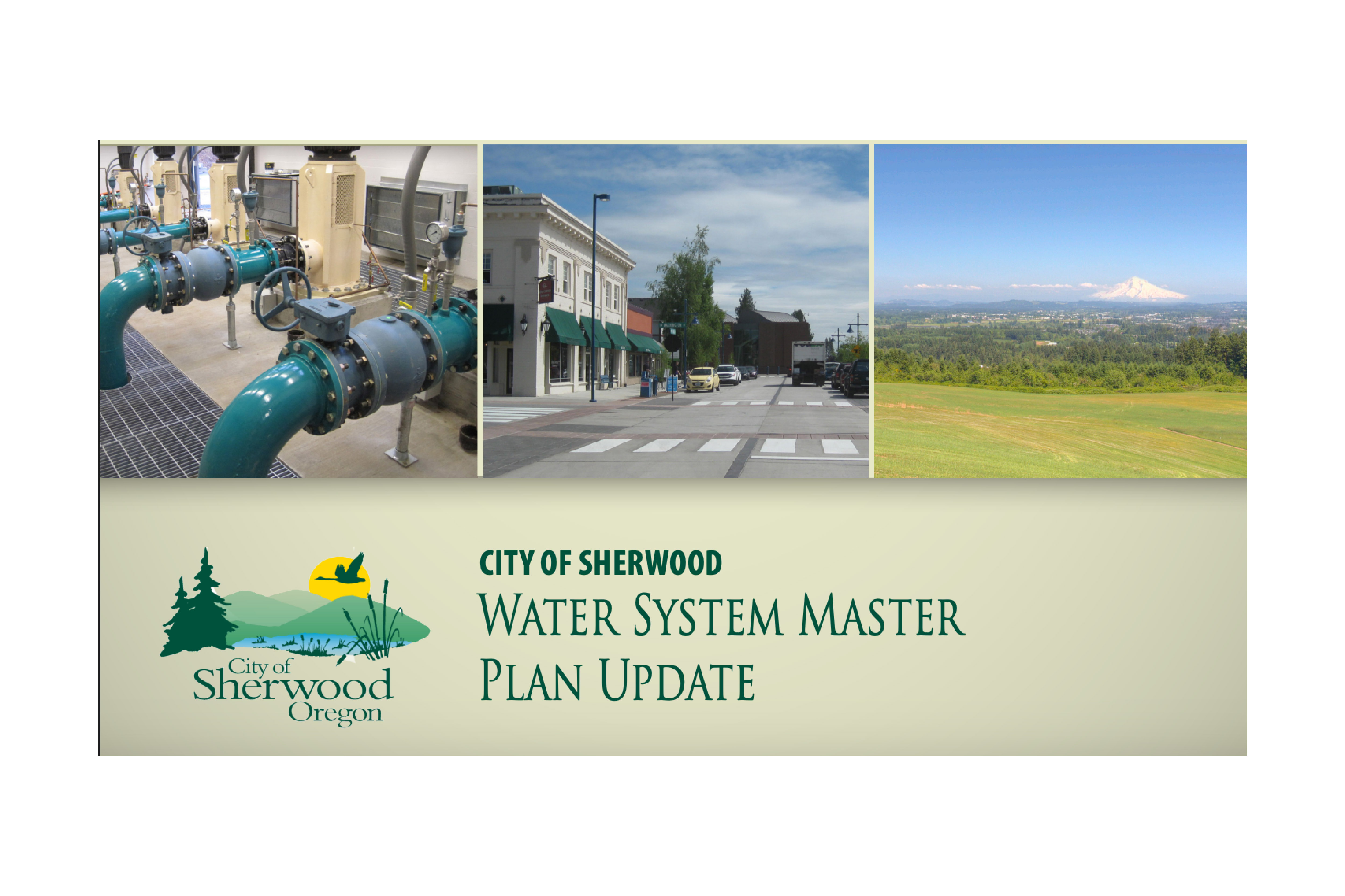 Collage showing water system pipes, a downtown street, and a scenic landscape with Mount Hood; text reads 