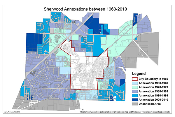 Map of Sherwood annexations from 1960 to 2010. Shows city boundary in 1960 and annexation areas by decade in various shades of blue. Legend and disclaimer included.