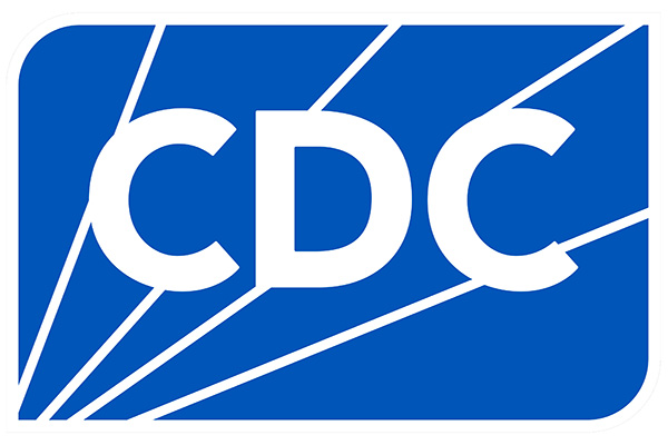 Logo of the CDC in bold white letters on a blue background with diagonal lines.
