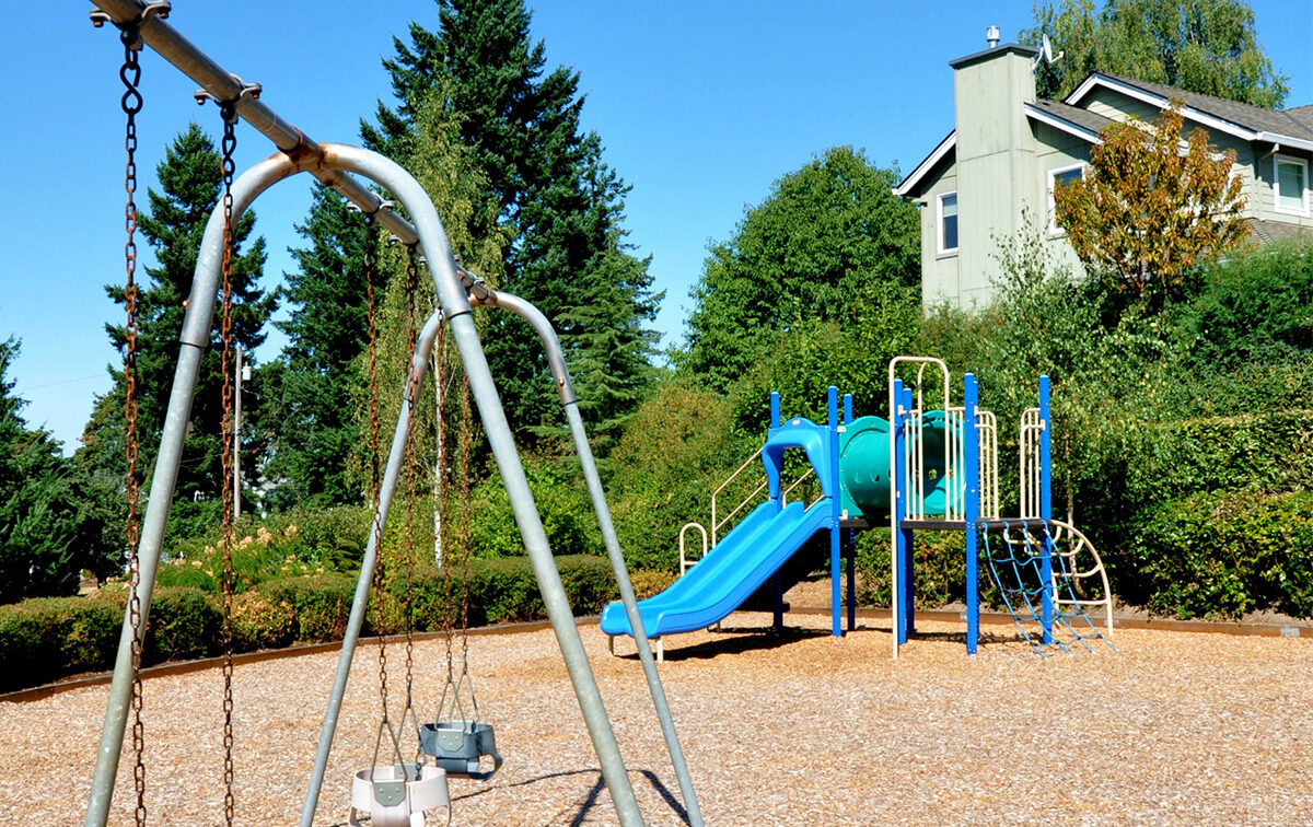 Playground with metal swings, a blue and green slide, and climbing structures on wood chip ground, surrounded by trees and a house in the background under a clear blue sky.