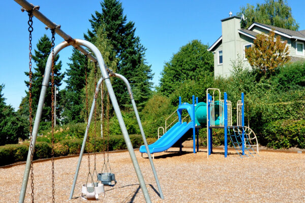 Playground with metal swings, a blue and green slide, and climbing structures on wood chip ground, surrounded by trees and a house in the background under a clear blue sky.