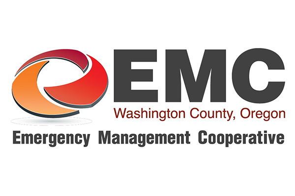 Logo for Emergency Management Cooperative, Washington County, Oregon, featuring stylized red and orange swirl next to 