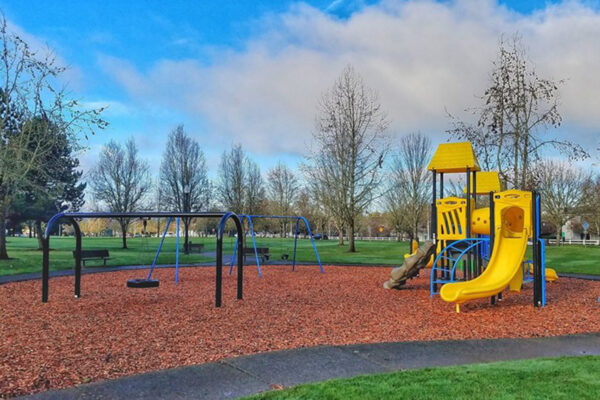 Children's playground with swings, slides, and climbing structures on bark chips. Trees and grass surround the area under a partly cloudy sky.