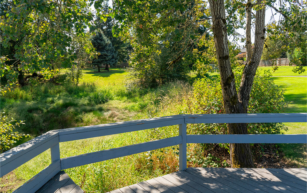 Wooden deck with blue railing overlooking a grassy field and trees under a clear sky.