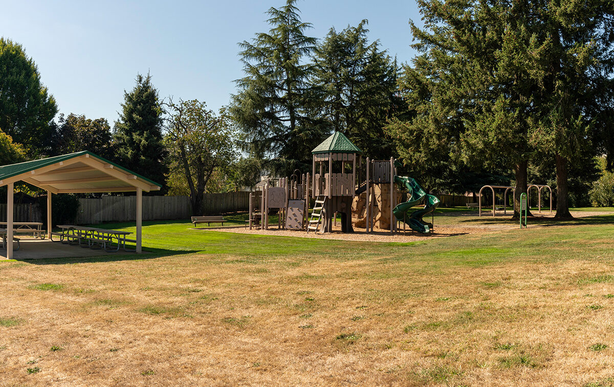 A grassy park with a playground structure featuring a slide and swings, surrounded by trees. A covered picnic area with benches is on the left.