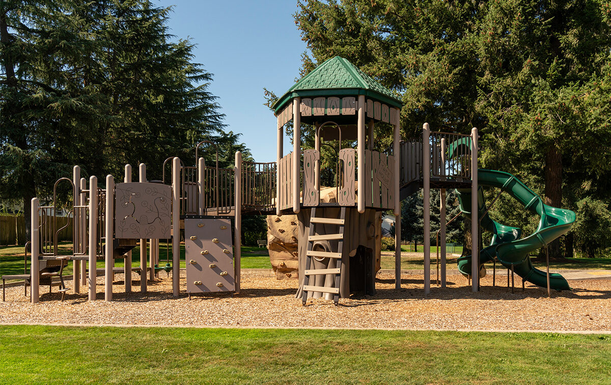 Children's playground structure with slides, climbing walls, and a covered tower, surrounded by trees on a grassy area.