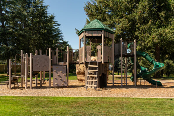 Children's playground structure with slides, climbing walls, and a covered tower, surrounded by trees on a grassy area.