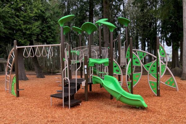 A children's playground set with green slides, climbing structures, and monkey bars, surrounded by wood chips and trees in the background.