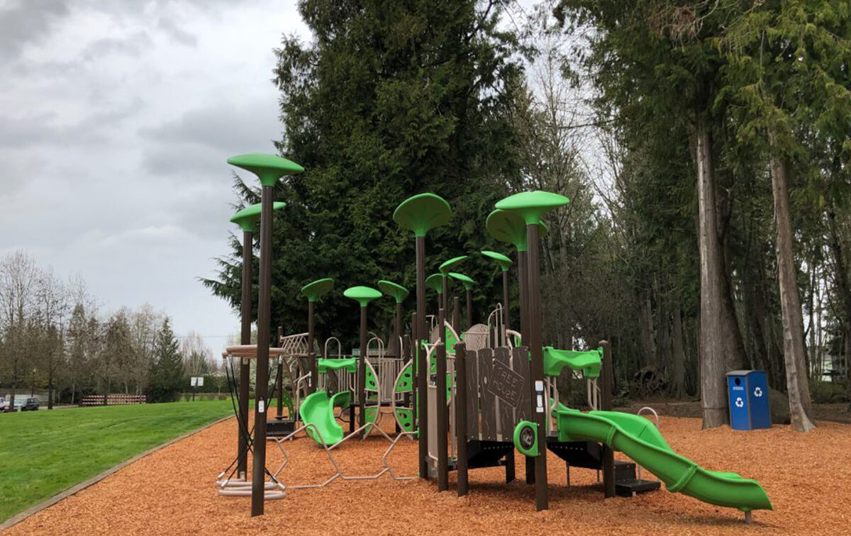 A playground with green slides and climbing structures on wood chip ground, surrounded by trees and grass with overcast sky.