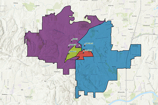 Map showing a divided area with purple, blue, and red sections, labeled with numbers 1 through 5. Surrounding locations include Cedar Flat and Gilroy Forest.