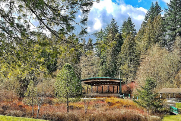 Outdoor amphitheater surrounded by trees and shrubs under a partly cloudy sky.