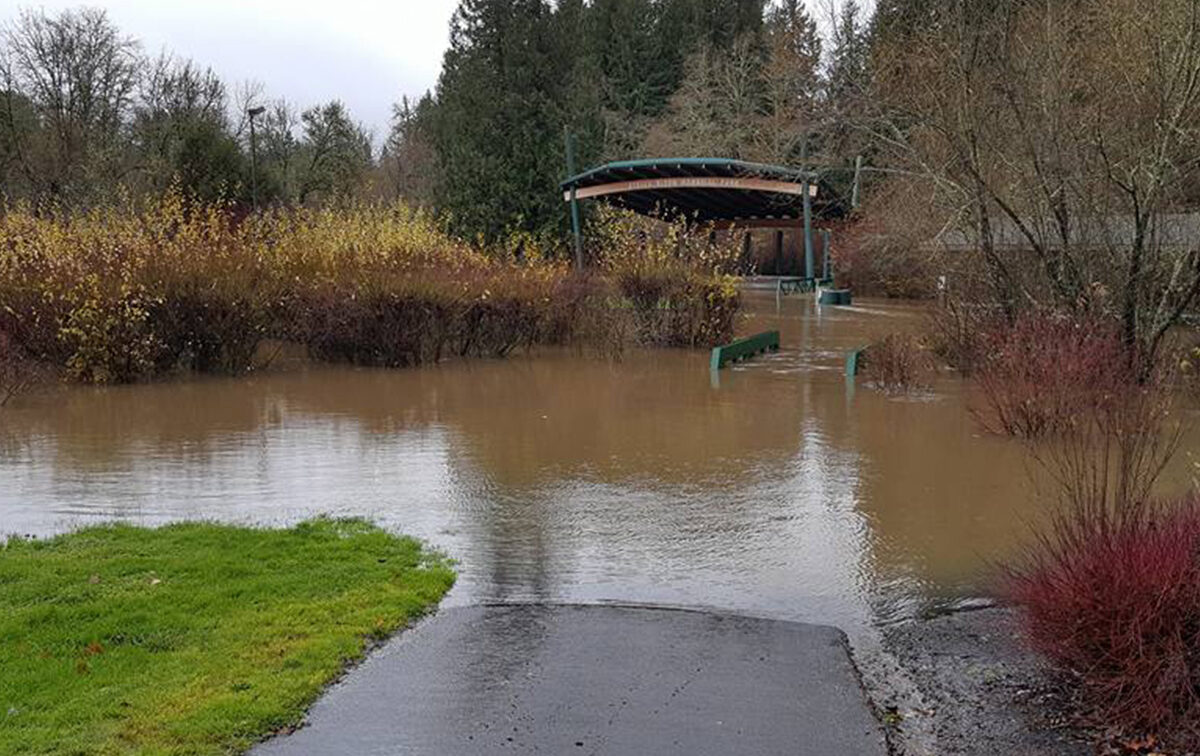 Flooded park with submerged pathway, park benches, and gazebo; surrounding trees and bushes partially submerged.
