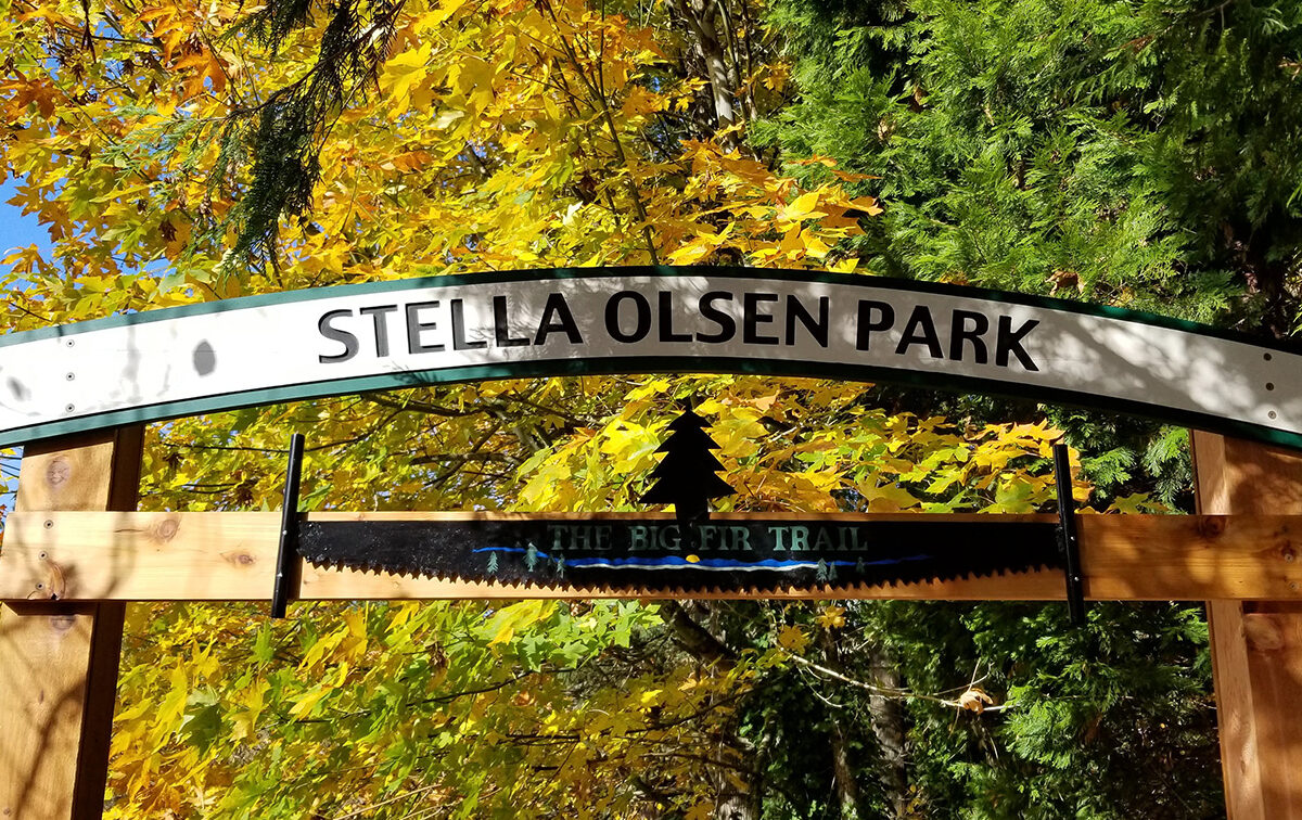 Entrance sign for Stella Olsen Park with autumn leaves and trees in the background, featuring "The Big Fir Trail" on a decorative saw blade.