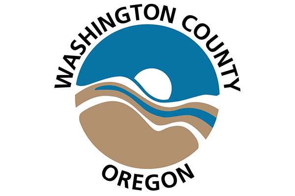 Logo of Washington County, Oregon, featuring stylized hills, water, and sun with text curving around the design.
