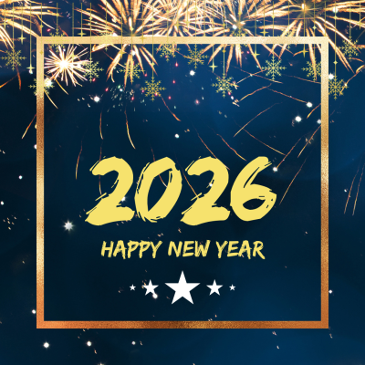2026 Happy New Year" text with fireworks and a starry night background inside a gold frame.