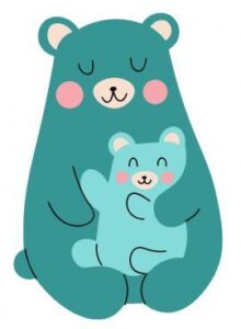 A large teal bear with closed eyes cuddles a smaller, light teal bear. Both have pink cheeks and appear content.
