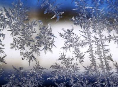 Close-up of intricate frost patterns on a window. The frost features delicate, feathery shapes against a blurred background with hints of blue and beige.