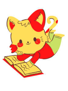 Illustration of a cartoon cat with red and yellow markings, reading a book while lying on its stomach. The cat has a cheerful expression and wears green pants and a red top.
