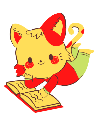 Illustration of a cartoon cat with red and yellow markings, reading a book while lying on its stomach. The cat has a cheerful expression and wears green pants and a red top.
