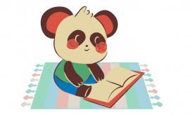 Illustration of a cute panda sitting on a striped mat, reading a book. The panda has a cream face with red cheeks, wearing a green shirt and blue pants.