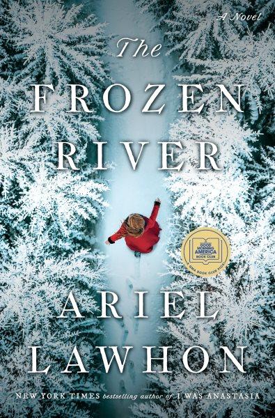 Book cover of "The Frozen River" by Ariel Lawhon, featuring a person in red surrounded by frosty trees.