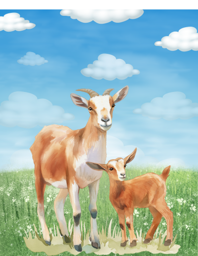 Illustration of two goats standing in a grassy field under a blue sky with scattered clouds.