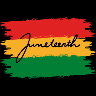 Red, yellow, and green brush strokes with "Juneteenth" written in black cursive across the center.
