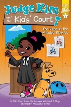 Illustration of Judge Kim, a young girl in a judge's robe holding a gavel, with a dog beside her. Bicycle pictures are on the wall. Cover of 