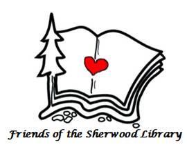 Illustration of an open book with a red heart and tree, accompanied by the text "Friends of the Sherwood Library.