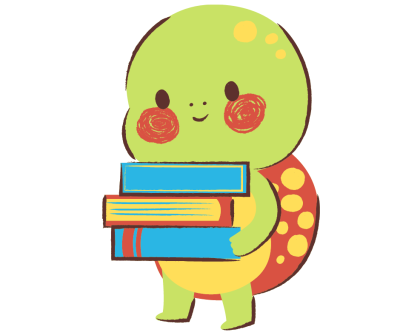 Illustration of a cute turtle holding a stack of three books. The turtle has a green body, red spotted shell, and is smiling.