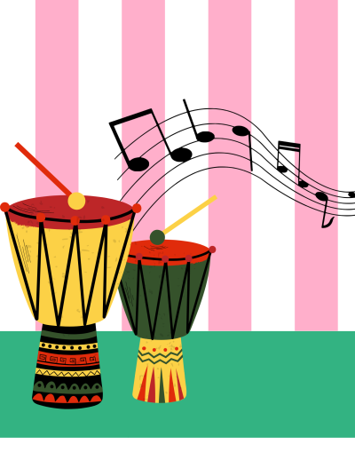 Two colorful drums with mallets on top sit on a green surface. Musical notes float above them. Pink and white vertical stripes form the background.
