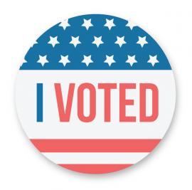 Round sticker with a blue and white star pattern on top, red and white stripes on the bottom, and large red text in the center that reads 