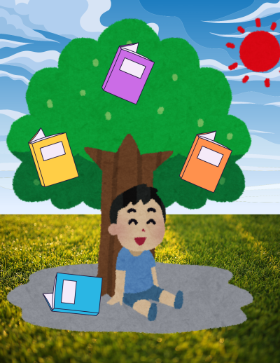 A drawing of a child under a tree with books falling from the sky.