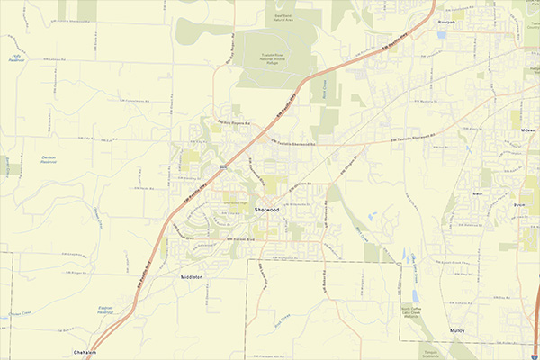 Map showing Sherwood, Oregon and surrounding areas, with major roads including Highway 99W running diagonally from northwest to southwest through the city.