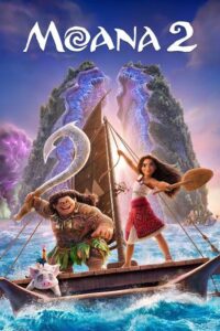 Moana and Maui stand on a boat with Pua the pig in the ocean, with dramatic waves and cliffs in the background. The text reads 