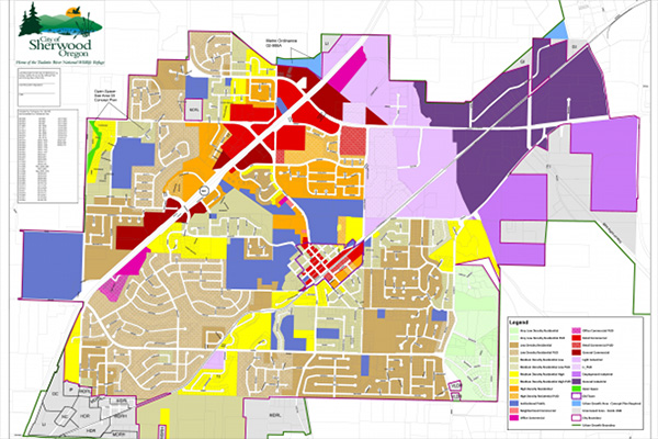 Zoning map of Sherwood, Oregon, displaying various color-coded land use zones with a legend and major roads marked throughout the city.
