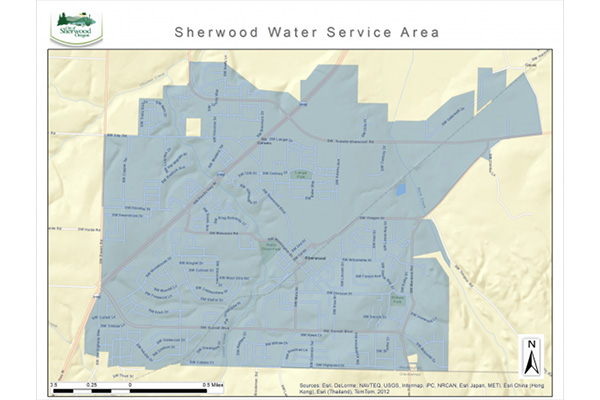 Map showing the Sherwood Water Service Area shaded in blue, highlighting streets and boundaries within Sherwood, Oregon. North arrow and scale bar included.