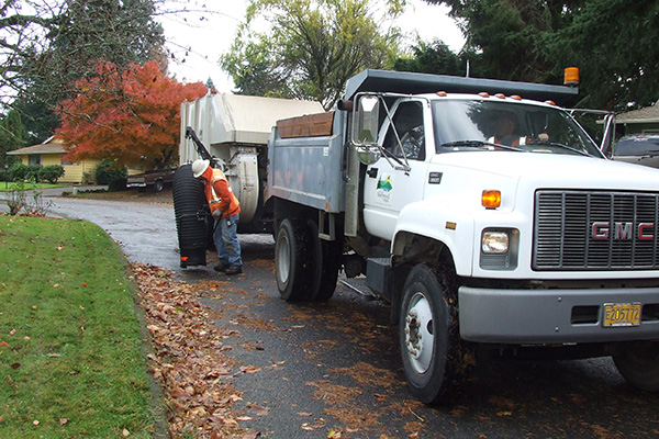 public works employees picking up leaves at a curbside.